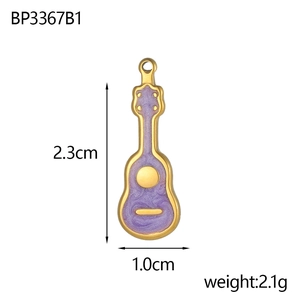 Guitar pendant detail showing dimensions 2.3cm by 1.0cm with purple enamel and gold finish