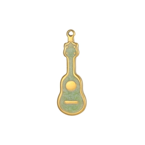 Macro detail of golden guitar pendant with light green glitter enamel and top ring loop