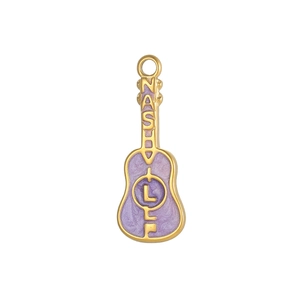 Detailed close-up of a golden guitar pendant with purple glitter enamel and Nashville text