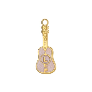 Detail of guitar pendant with pink marble texture and gold plating for jewelry making