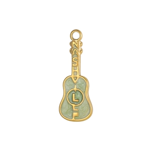Detailed macro of a gold guitar pendant with green marble finish and NASTY engraving
