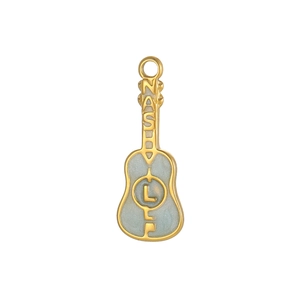 Detail of guitar pendant with NASY engraving and blue enamel inlay on gold frame