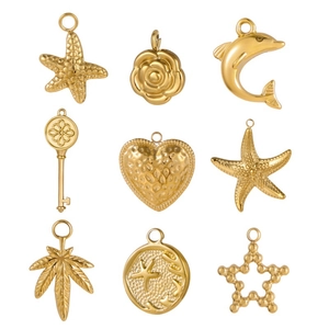 DIY Stainless Steel Pendant Charms For Jewelry Making Heart Starfish Dolphin Leaf Key Flower Gold Electroplated Metal Necklace Earrings Craft Components