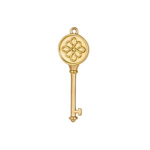 Detail view of golden key pendant with embossed knot pattern and matte metallic finish
