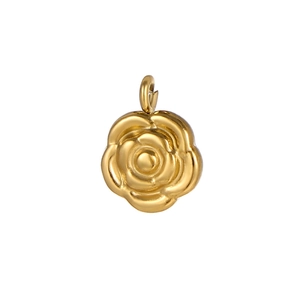 Detailed view of the layered golden camellia flower pendant with a metallic finish