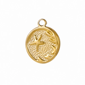Detailed close-up of golden stainless steel round pendant with embossed starfish motif
