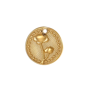 Detailed relief of vintage gold stainless steel flower pendant with beaded edge