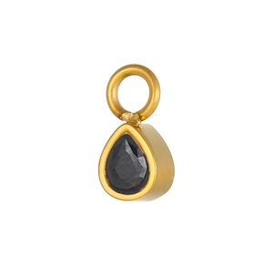 Detail view of a pear-shaped black stone pendant in gold titanium steel with oval bail