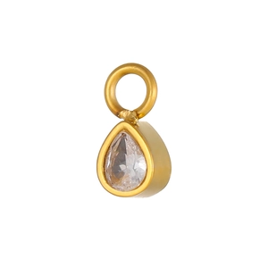 Close-up of teardrop gold pendant with clear crystal inlay and solid ring hook for jewelry
