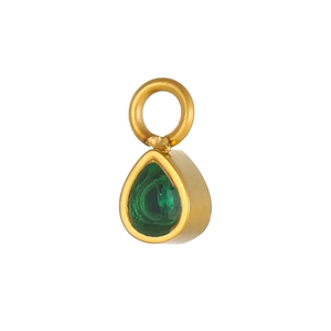 Macro detail of teardrop gold pendant featuring a pear-cut green gemstone and oval clasp