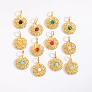Eight-pointed star round stainless steel pendants with twelve colorful gemstones