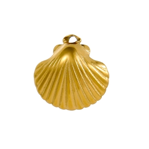 Macro shot of a golden shell-shaped pendant featuring detailed radial texture and polish