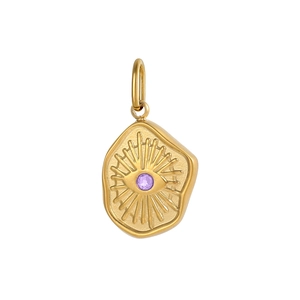 Detail of vintage gold evil eye pendant with sunray relief and purple gemstone