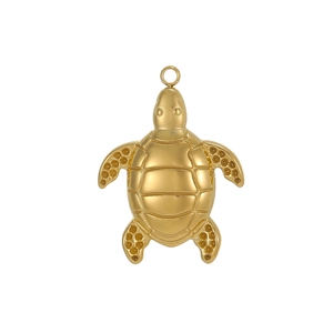 Detailed view of a golden turtle pendant with polished shell and textured limbs