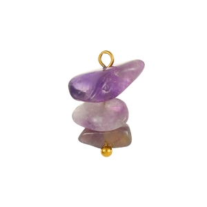 Detail of layered natural purple amethyst stone pendant with golden metal hanging loop