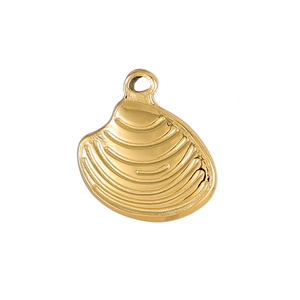 Macro detail of a golden shell pendant made of stainless steel with fine textures