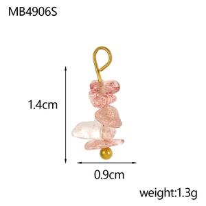 Detailed view of pink irregular crystal pendant with gold loop and size dimensions