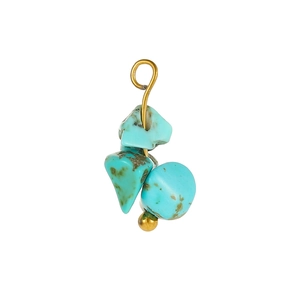 Detailed view of handmade turquoise pendant with raw stones and golden metal wire wrap