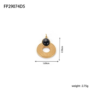 Pendentif rond vintage en acier inoxydable doré avec pierre noire et relief ciselé