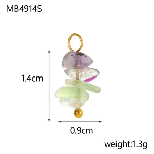 Detail view of fluorite stone charm with gold hoop and dimensions 1.4cm by 0.9cm