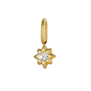 Detailed macro view of a gold-plated eight-pointed star pendant with inlaid clear zircon