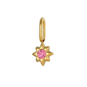 Detailed close-up of a golden titanium steel star pendant with a pink gemstone center