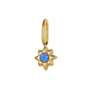 Macro view of gold-plated eight-pointed star pendant with center blue gemstone
