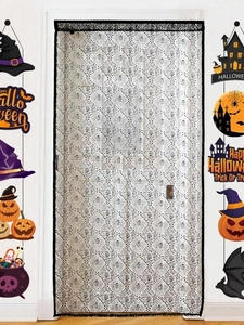Detailed white lace door curtain with spooky skeleton texture for Halloween decorations