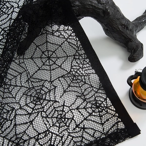 Halloween spider web and rose lace curtain decor with creepy branches and lantern background