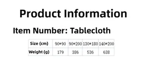 Size chart for European style tablecloths showing dimensions and weights in grams