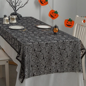 Halloween Black Lace Tablecloth Rectangle Spider Web Skull Pattern Scary Haunted House Party Dinner Table Decor