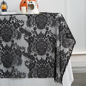Halloween black lace tablecloth featuring skull and butterfly patterns for table decor