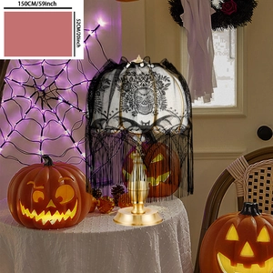 Halloween Rideau en Dentelle Noire Crâne Chauve-souris Frange Abat-jour Gothique Court Décor de Fête Maison Saisonnière