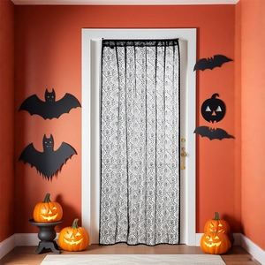Halloween lace door curtain with spider web and handprint patterns for home decor