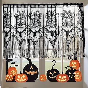 Halloween black lace window valance featuring skulls, bats and decorative fringe