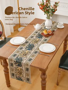 Detail of premium striped table runner featuring thick chenille fabric and elephant patterns