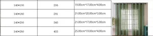 Size chart showing green leaf pattern curtain dimensions from 140x100 to 140x260cm