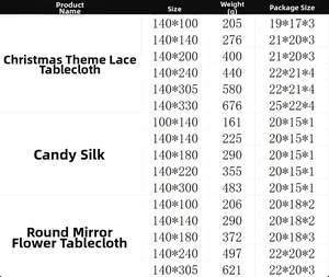Detailed size chart for lace tablecloths showing dimensions, weight and packaging specs