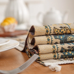Elegant American style striped table runner with blue jacquard motifs and white tassels