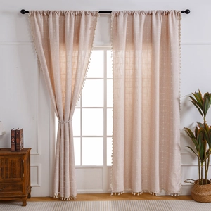 Modern beige lattice cotton linen curtains with pom-poms for living room windows