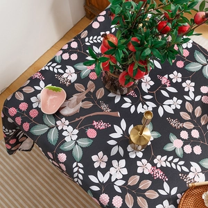 Floral table cloth with red berries and birds pattern in vintage American style
