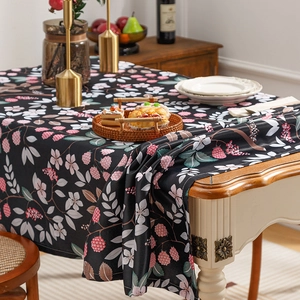Floral rectangle tablecloth with berry print on black fabric for rustic dining decor