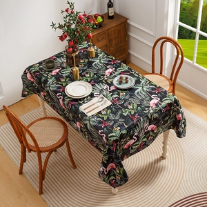 Retro oil painting style tablecloth with tropical flamingo and palm leaf patterns
