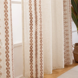 Beige linnen gordijnen met bruin geometrisch borduursel voor woonkamer en slaapkamer