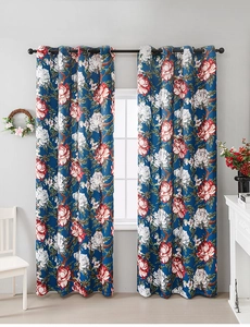 Detail of luxury blue blackout curtain with red peony oil painting and metal grommets
