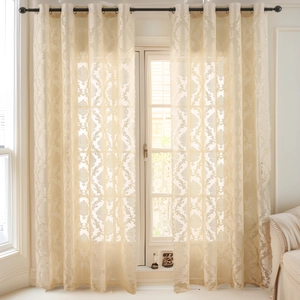 French Vintage Floral Lace Sheer Curtains For Living Room White Beige Damask Pattern Semi-Transparent Grommet Top Drapes