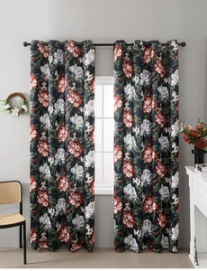Detail of luxury thick black floral curtains featuring realistic red peony oil painting