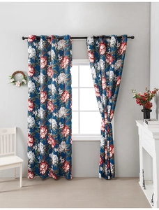 Detail of luxury blue blackout curtains with peony floral print and metal grommets