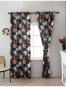 Detail view of American luxury black peony blackout curtains with floral patterns