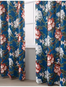 Detail of luxury blue oil painting peony blackout curtains for home living room decor